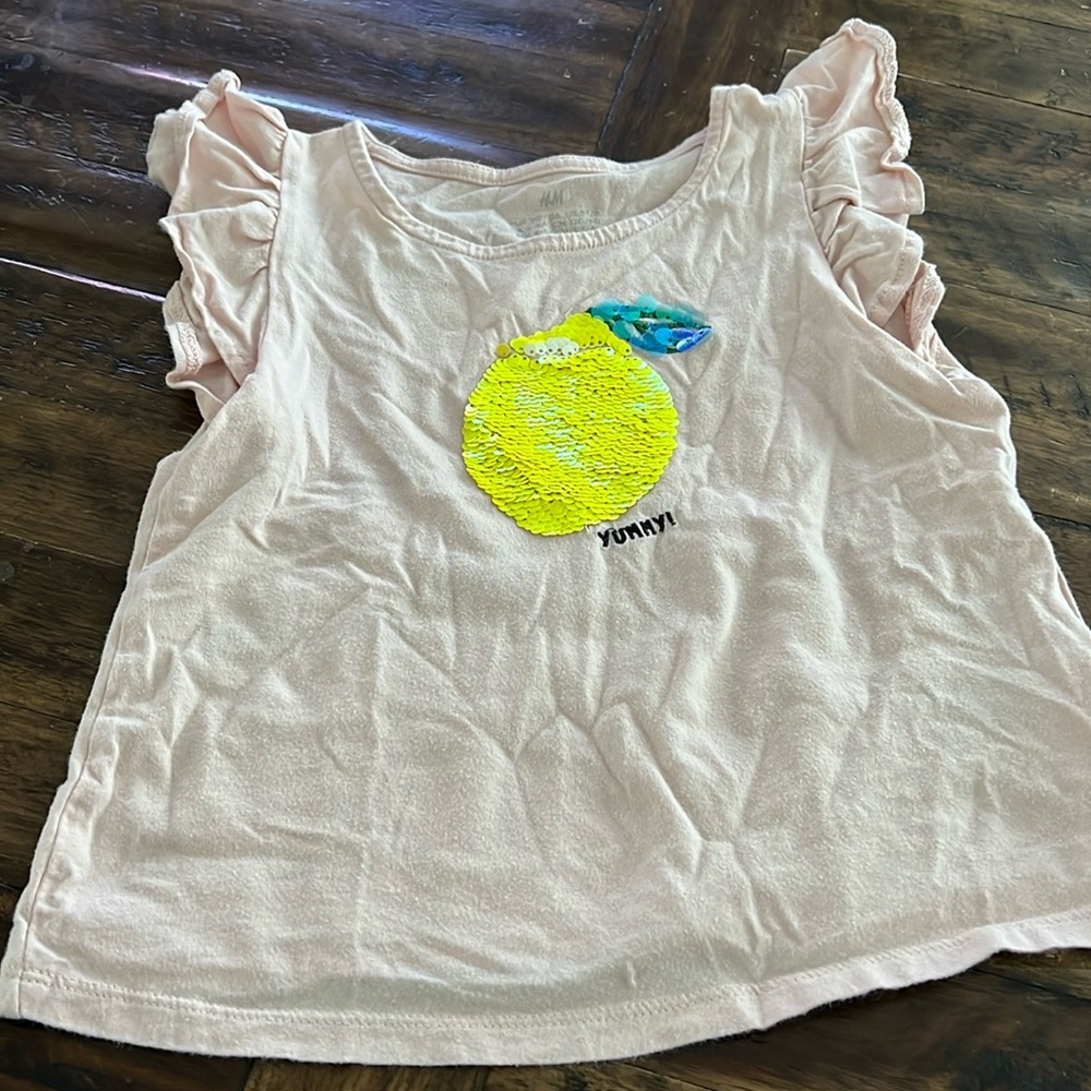 5T/6 H&M Sequin Lemon T-Shirt with Ruffle Sleeve